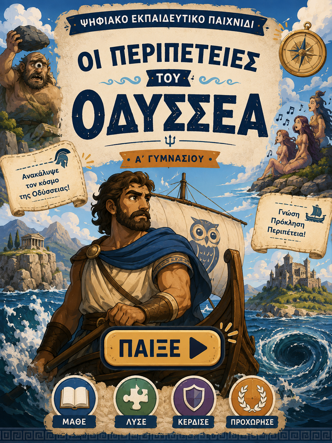 Εικονογράφηση εξωφύλλου για το παιχνίδι Οδύσσεια A΄ γυμνασίου - Διαδραστικό Ψηφιακό Παιχνίδι